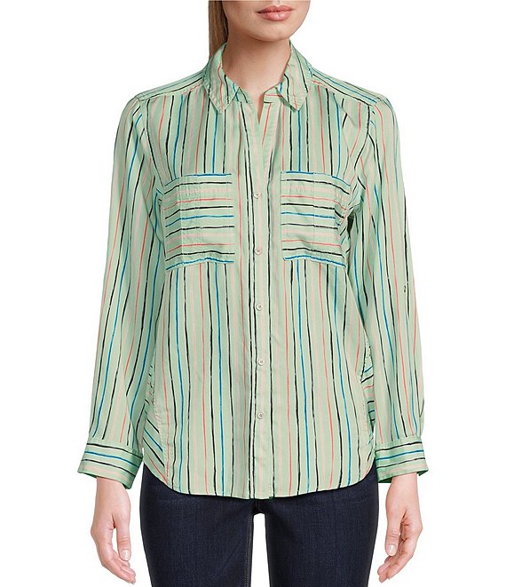 Westbound Woven Stripe Roll Sleeve V-Neck Button Front Top | Dillard's