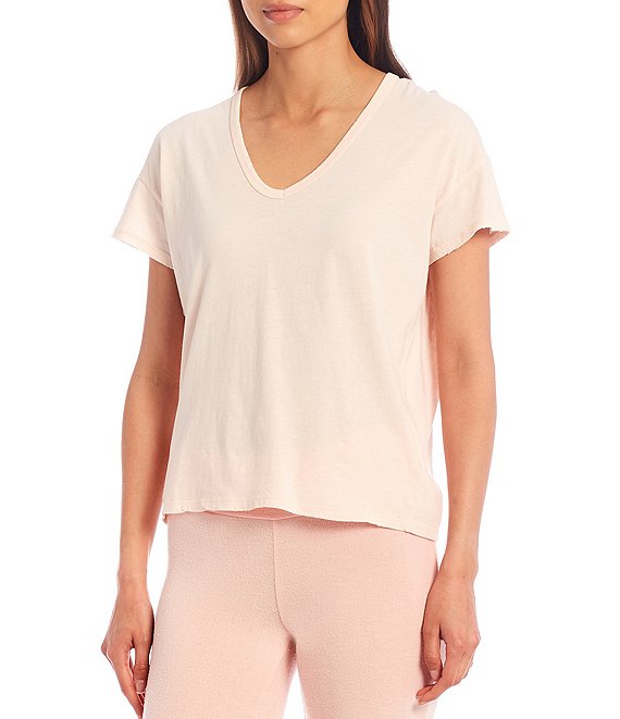 Color:Pink Salt - Image 1 - Knit Chrissy V-Neck Short Drop Shoulder Sleeve Coordinating Tee