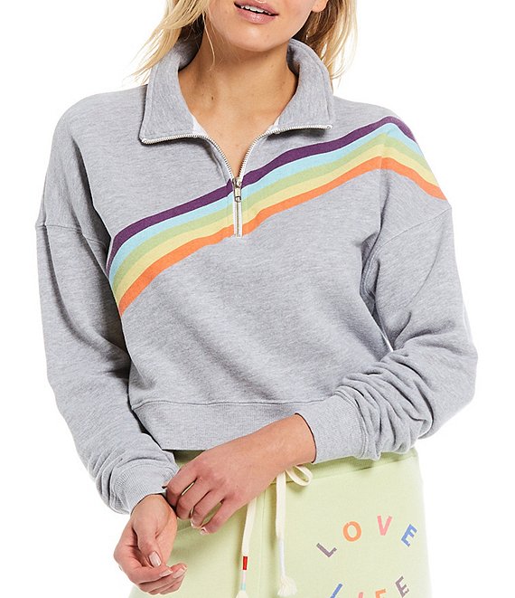 Color:heather - Image 1 - Knit Rainbow Cropped Quarter Zip Long Drop Shoulder Sleeve Pullover