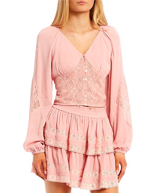 Color:Brushed Rose - Image 1 - Coordinating Lace Woven Button Front Contrast Blouse