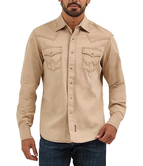Wrangler Wrangler® Long Sleeve Retro® Premium Solid Woven Shirt, Tan - Image 1