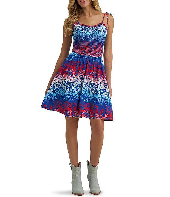 Wrangler Spaghetti Tie Strap Multi Colored Smocked Dress