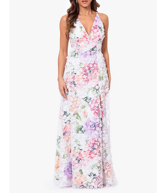 Xscape 3D Floral V-Neck Sleeveless Side Slit Gown | Dillard's