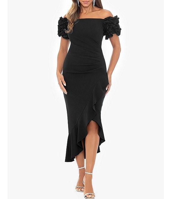 Color:Black - Image 1 - 3D Ruffle Off-the-Shoulder Ruffle Front Ruched Detail Midi Dress