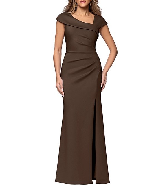 Xscape Asymmetrical Neckline Cap Sleeve Ruched Scuba Crepe Sheath