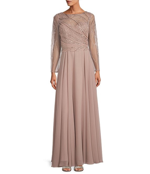 Xscape Boat Neck Illusion Long Sleeve Beaded Gown