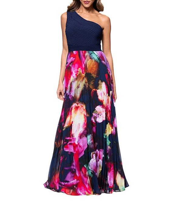 Xscape Chiffon Floral Print One-Shoulder Neck Sleeveless