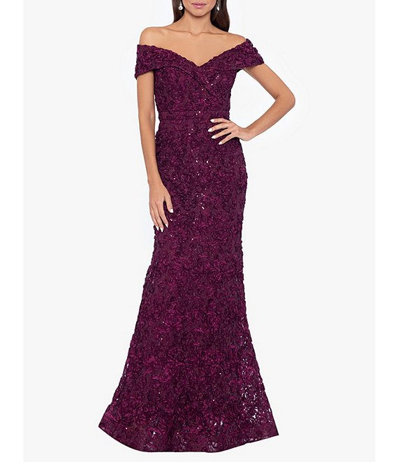 Color:Wine - Image 1 - Embroidered Off-the-Shoulder Short Sleeve Lace Sheath Gown