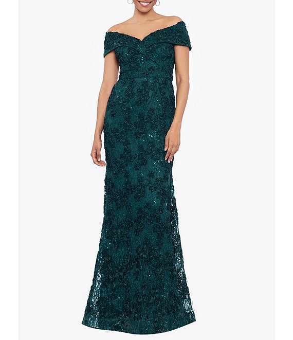 Xscape Embroidered Off-the-Shoulder Short Sleeve Lace A-line Gown |  Dillard's