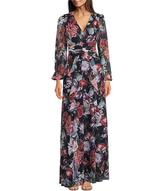 Xscape Floral Print V-Neck Long Sleeve Ruched Gown | Dillard's