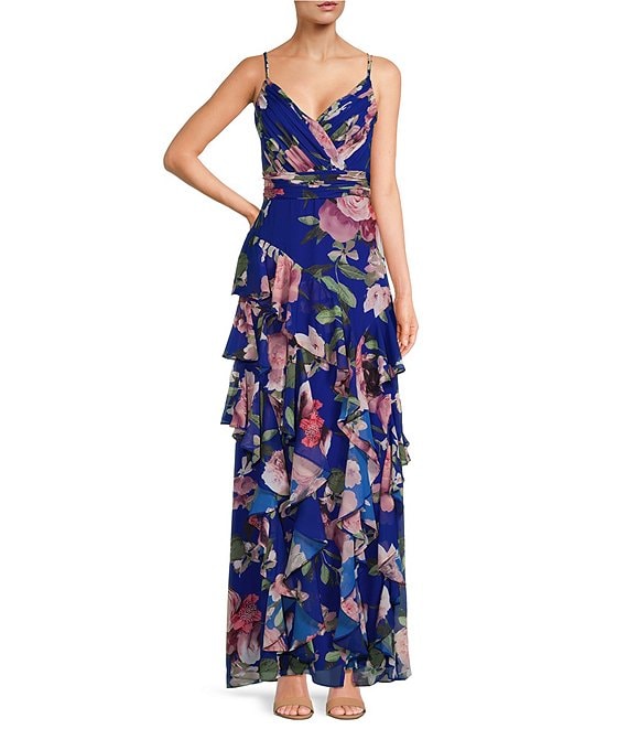 Xscape Floral V-Neck Sleeveless Tiered Ruffled Gown | Dillard's