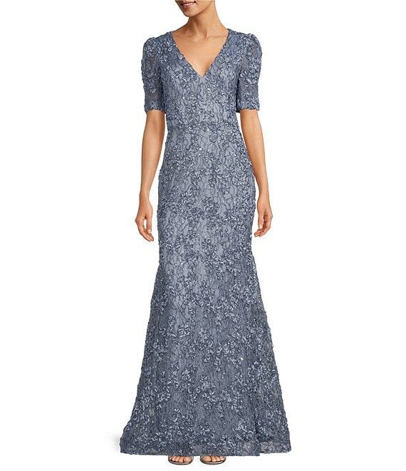 Color:Smoke Blue - Image 1 - Textured Lace V-Neck Short Sleeve Mermaid Gown