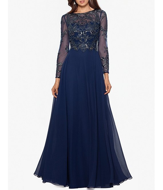Xscape Long Sleeve Beaded Bodice Chiffon Gown | Dillard's