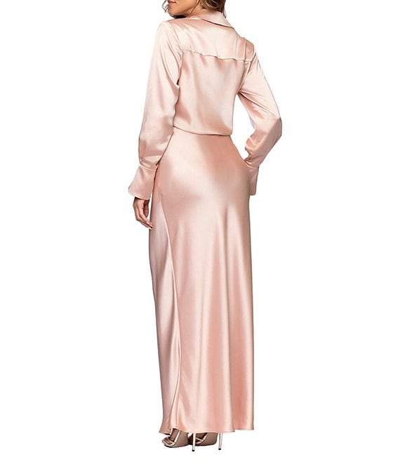 Xscape Long Sleeve Collared V-Neck Satin Dress | Dillard's