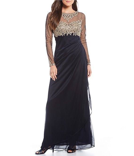 Xscape Sheer Long Sleeve Round Neck Gold Embroidered Ruched Sheath Gown ...