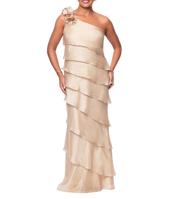 Xscape Metallic Organza One Shoulder Sleeveless Rosette