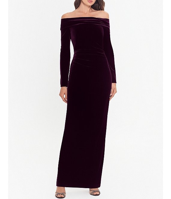Xscape Off-the-Shoulder Long Sleeve Ruched Waist Velvet Gown