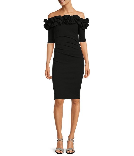 Color:Black - Image 1 - Off-the-Shoulder Ruffle Neck Short Sleeve Stretch Scuba Crepe Dress