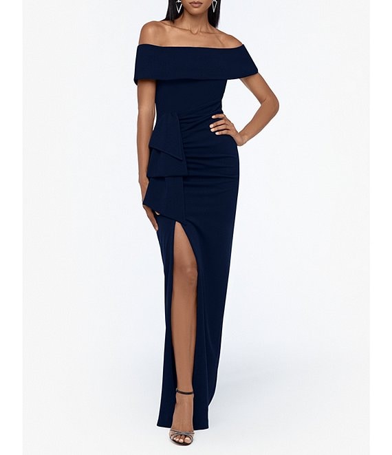 Xscape Off-the-Shoulder Ruched Ruched Waist Scuba Crepe Thigh High
