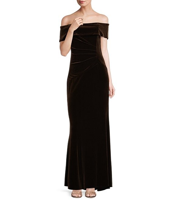 Xscape Off-the-Shoulder Stretch Velvet Side Ruched Gown