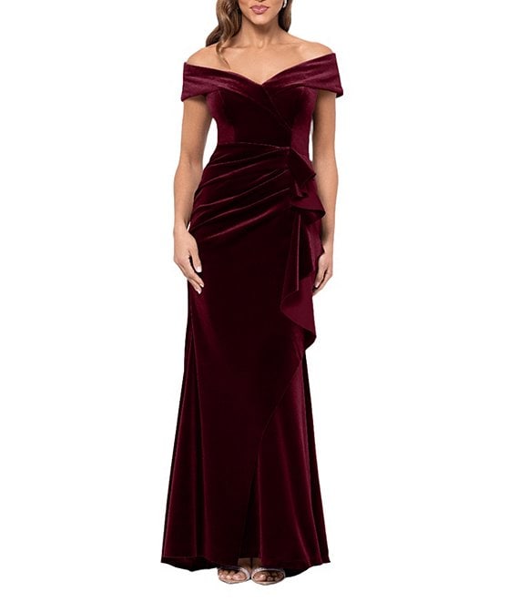 Xscape Off the Shoulder Velvet Ruffle Gown, Burgundy - Image 1