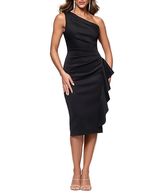 Xscape One Shoulder Ruched Ruffle Midi Dress