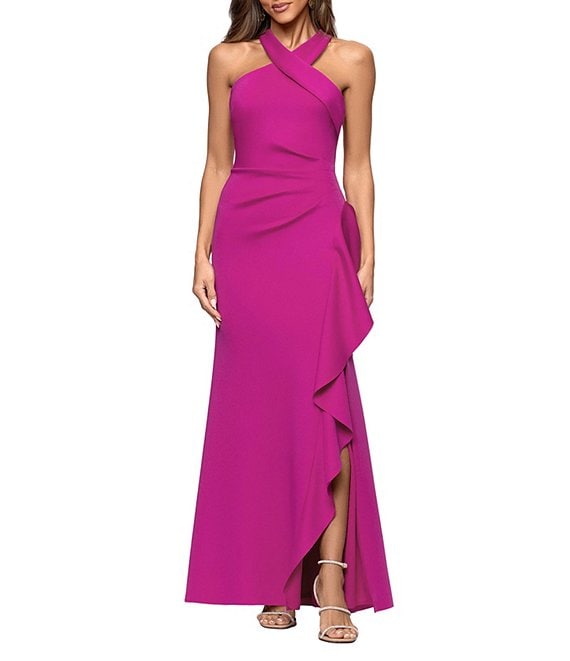 Xscape Petite Size Halter Neck Ruffle Tech Scuba Gown | Dillard's