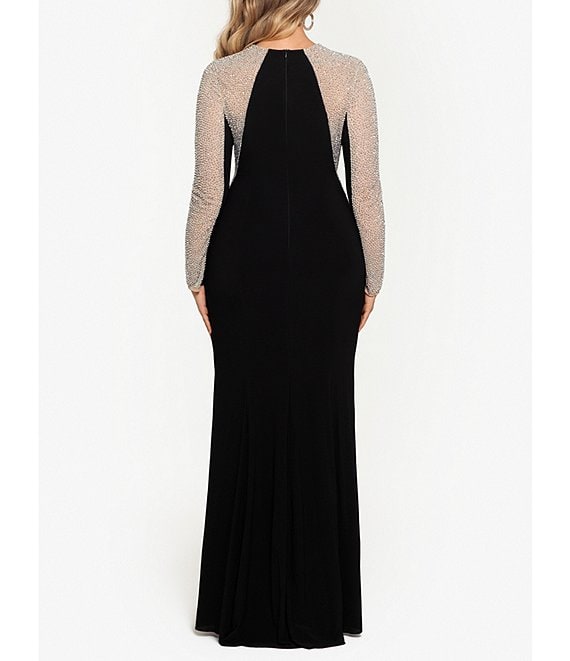 xscape long sleeve beaded dress Xscape Women's Long Sleeve Crystal Bead Dress in Black Nude