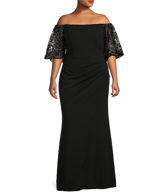 Xscape Plus Size Off-the-Shoulder Beaded Short Sleeve Gown | Dillard's