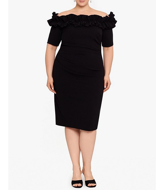 Color:Black - Image 1 - Plus Size Off-the-Shoulder Ruffle Short Sleeve Stretch Scuba Crepe Dress