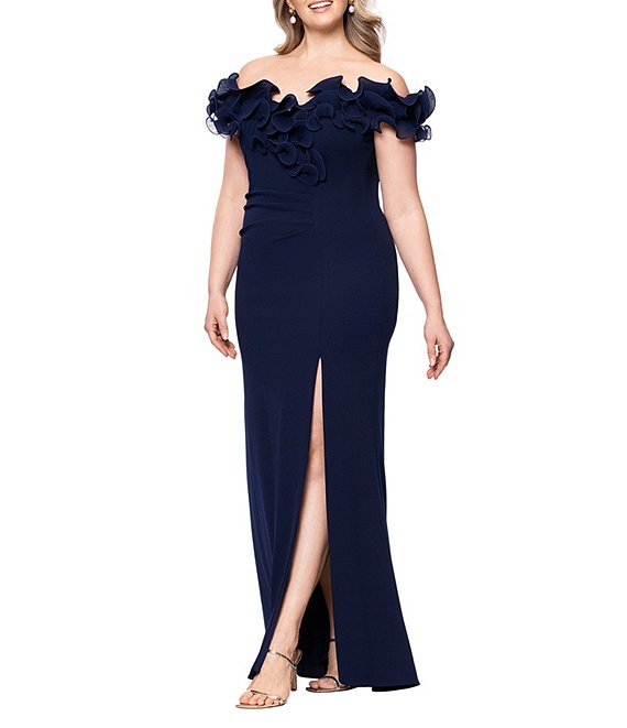 Xscape Plus Size Scuba Crepe Ruffle Off The Shoulder Neck Ruched Gown, Navy - Image 1