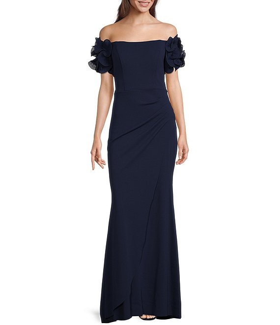 Xscape Rosette Off-the-Shoulder Short Sleeve Ruffle Ruched Waist Gown ...