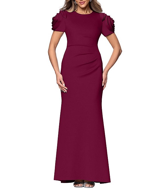 Xscape Rosette Short Sleeve Ruched Back Sheath Gown