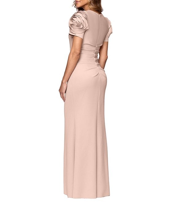 Xscape Rosette Short Sleeve Ruched Back Sheath Gown | Dillard's