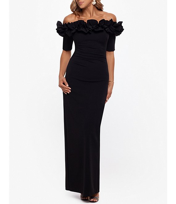 Color:Black - Image 1 - Ruffled Off-the-Shoulder Short Sleeve Crepe Sheath Gown