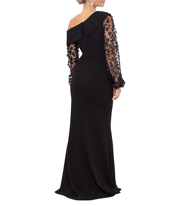 Xscape Scuba Crepe One Shoulder Long 3D Floral Sleeve Gown | Dillard's