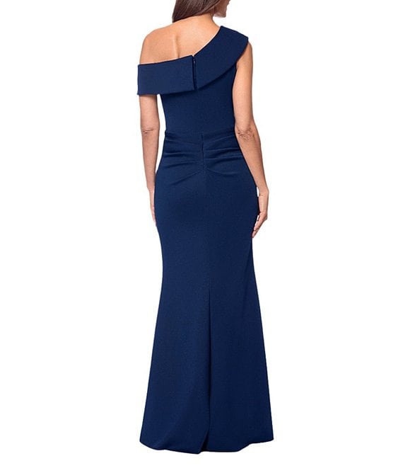 xscape one shoulder scuba dress Petite "Flo" Techno Scuba One Shoulder Ruffle Dress
