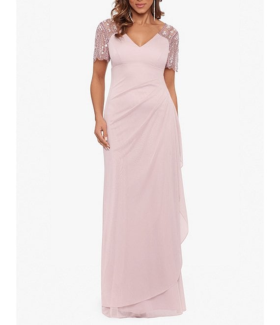 Color:Rose - Image 1 - Short Beaded Sheer Flutter Sleeve Cascading Draped Waist V-Neck Beaded Gown