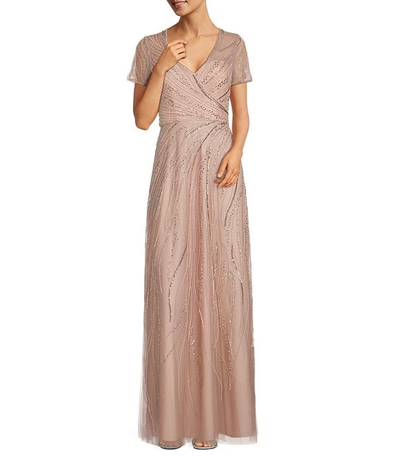 Color:Blush - Image 1 - Short Sleeve Beaded Mesh V-Neck A-Line Gown