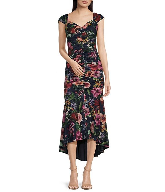 Xscape Stretch Floral Print Sweetheart Neck Cap Sleeve Ruched Bodice ...