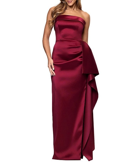 Xscape Stretch Mikado Strapless Side Ruffle Sheath Gown