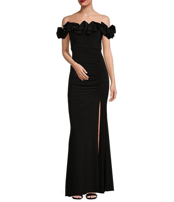 Xscape Stretch Off-the-Shoulder Ruffled Cap Sleeve Gown | Dillard's