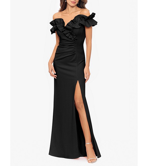 Xscape Stretch Ruffle Off-the-Shoulder Ruched Back Gown | Dillard's