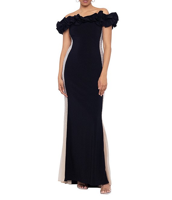 Xscape Stretch Ruffled Off-the-Shoulder Rhinestone Mesh Side Gown