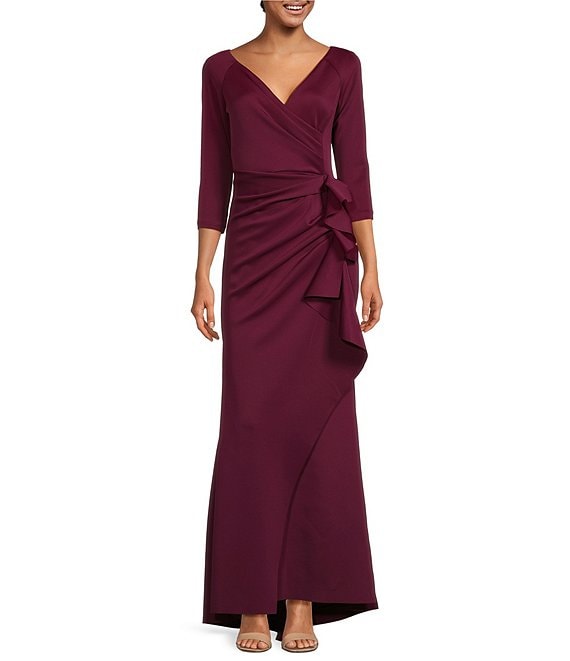 Color:Wine - Image 1 - Stretch V-Neck 3/4 Sleeve Pleated Draped Gown