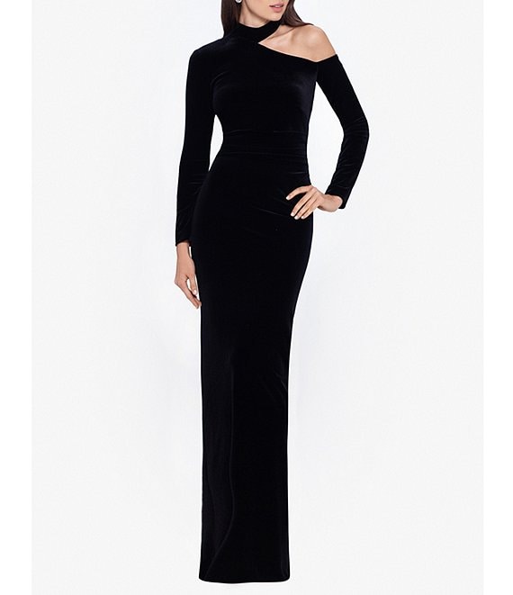 Color:Black - Image 1 - Stretch Velvet Asymmetrical Mock Neck Long Sleeve Gown