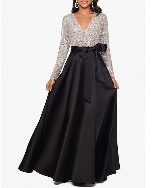 Xscape Surplice V-Neck Sequined Long Sleeve Bow Detail Taffeta Ball Gown