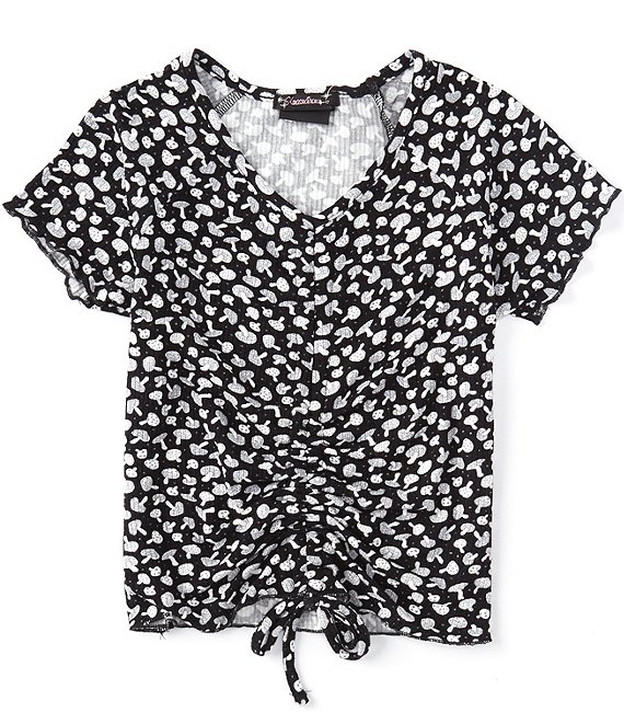Color:Black/White - Image 1 - Big Girls 7-16 Short Sleeve Cinch Front Mushroom Print Knit Top