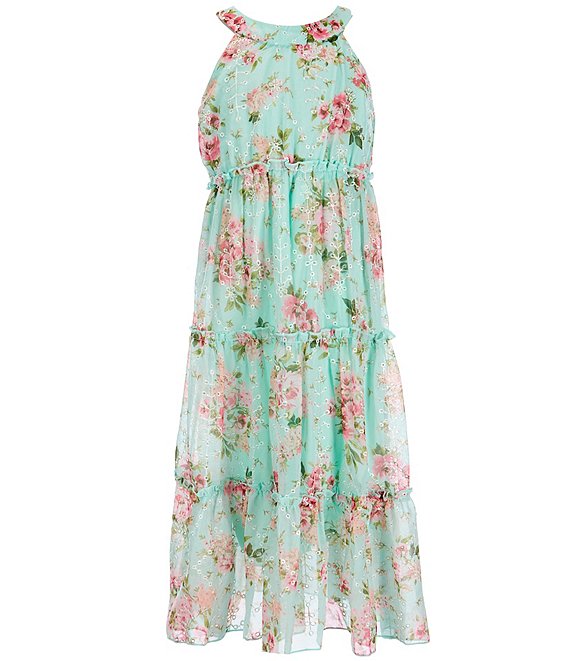 Color:Mint/Blush - Image 1 - Big Girls 7-16 Sleeveless Floral Tiered Midi Dress