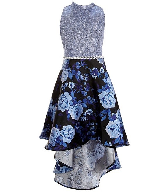Color:Black/Blue - Image 1 - Big Girls 7-16 Solid/Floral Hight-Low Hem Dress
